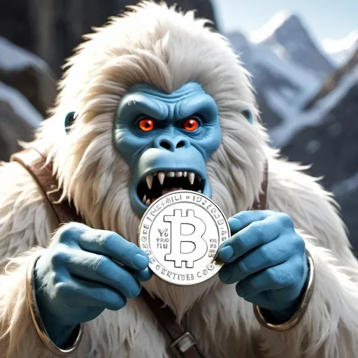 Prompt: generate an image, yeti holding coin and looks at it in surprise