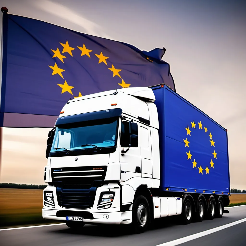 Prompt: Walpaper with a truck(cargo/logistic) and the EU flag