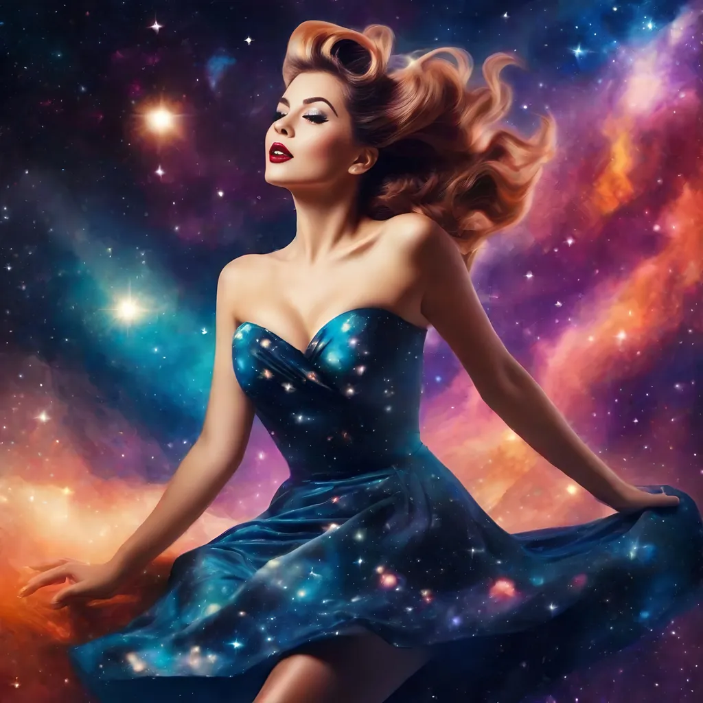 Prompt: pin-up lady in an galaxy dress flying in the galaxy sky
