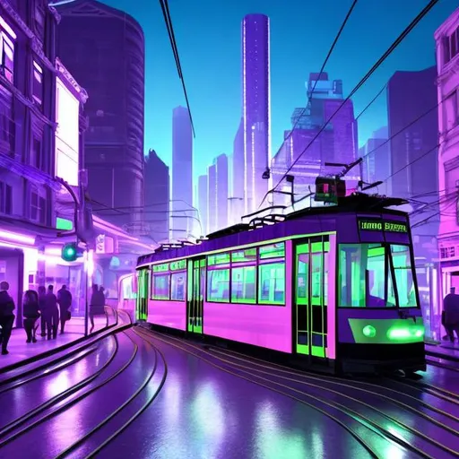 Prompt: tram with a rave inside it going through city landscape, 3d render, clean lines, vibrant colours, dominating purple colour, happy city mood
