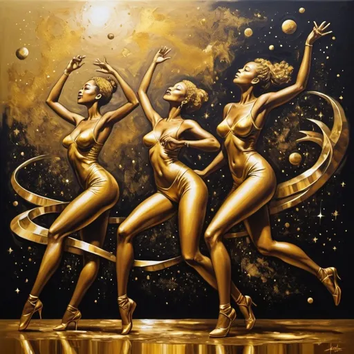Prompt: paint images of people dancing future art jazz speak easy in outer space dancing for freedom gold tones vibrant and full of life 