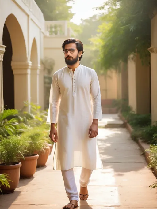 Prompt: Standing gracefully in a sunlit outdoor setting, a young man dons a flowing white kurta, exuding a sense of calm and confidence. His dark hair and well-groomed beard contrast against his light attire, while stylish eyeglasses add a modern touch to his traditional look. He gestures thoughtfully, perhaps lost in contemplation, as he walks along a path adorned with soft earth tones. In the background, a quaint yellow structure is partially visible, framed by lush, green trees that hint at a warm, inviting atmosphere, capturing a serene moment of cultural elegance amidst nature. The overall composition conveys a blend of tranquility and subtle sophistication, underscoring a narrative of personal reflection in a vibrant environment.