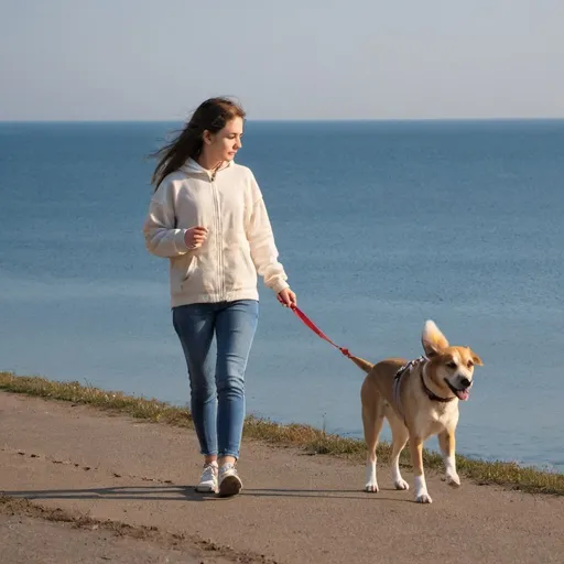 Prompt: a girl with a dog walking near the sea