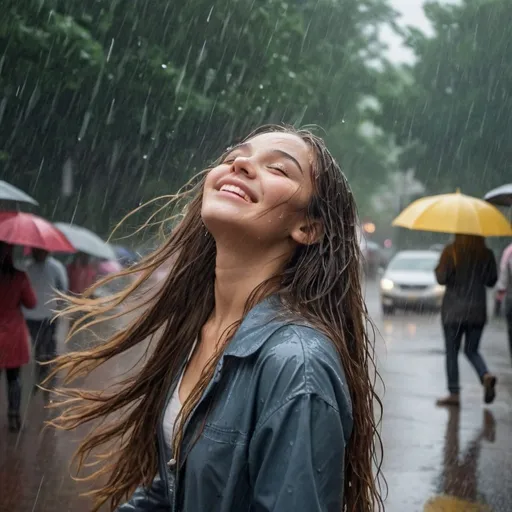 Prompt: Rainy Day Reverie: Show a girl with long hair dancing in the rain, her hair plastered to her skin as she embraces the joy of the moment amidst the downpour.