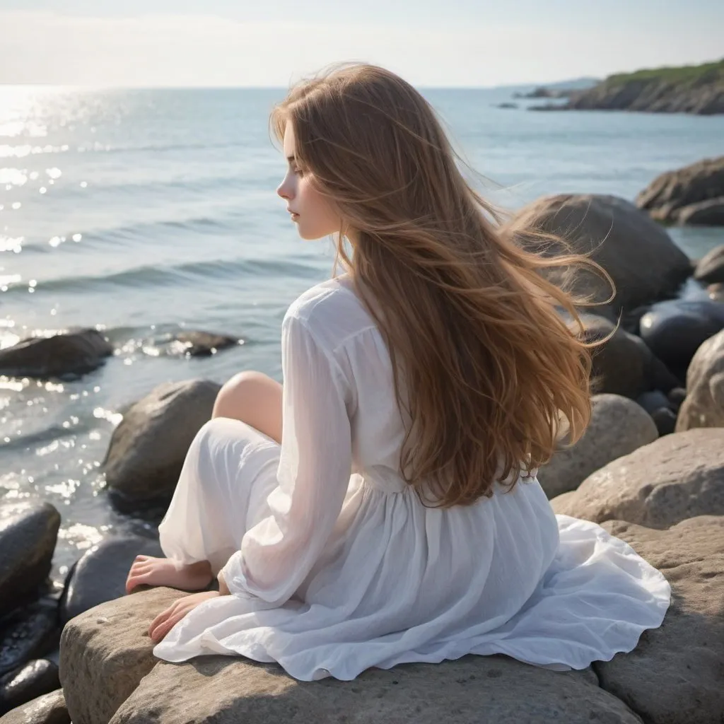 Prompt: Seaside Serenity: Show a girl with long hair sitting on a rocky shoreline, her hair gently tousled by the sea breeze as she gazes out at the horizon.