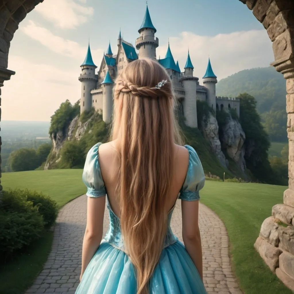 Prompt: Fairy Tale Castle: Capture a girl with long hair standing in front of a majestic castle, her hair cascading down her back as she embodies the spirit of a fairy tale princess.