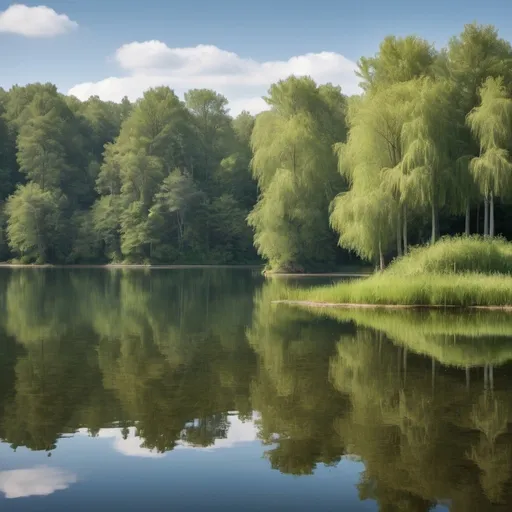 Prompt: Tranquil Lakeside: Find serenity by a calm lake, reflecting the surrounding trees and sky like a mirror.