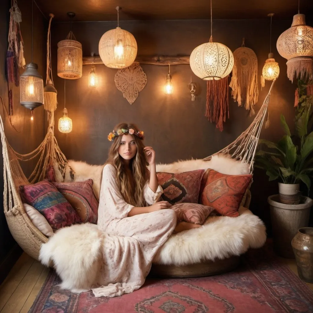 Prompt: Bohemian Chic: Capture a girl with long hair lounging in a cozy bohemian-inspired room, surrounded by eclectic decor and soft, dreamy lighting.