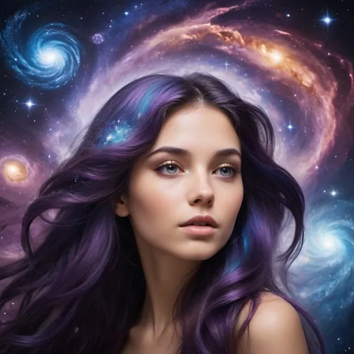 Prompt: Galactic Goddess: Capture a girl with long hair surrounded by swirling galaxies and celestial phenomena, her hair shimmering with otherworldly radiance as she embodies the essence of the cosmos.