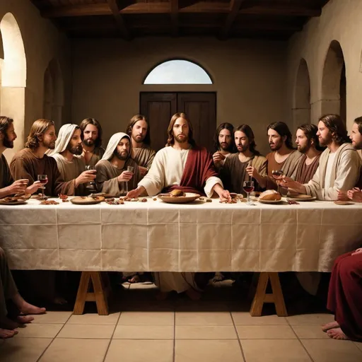Prompt: Last Supper Gathering: Create an image depicting Jesus and his disciples gathered around a table for the Last Supper, capturing the intimacy and solemnity of the moment as they share bread and wine.