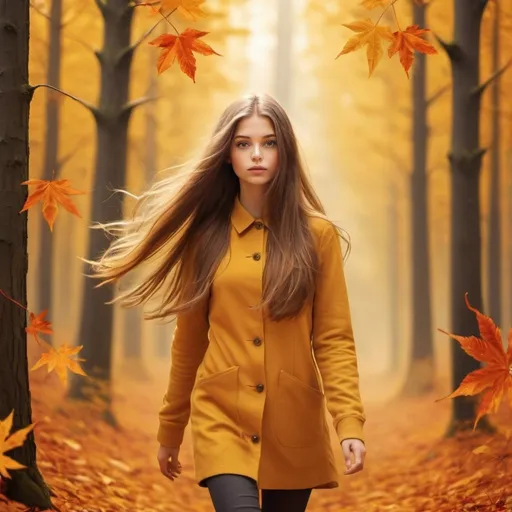 Prompt: Autumnal Aura: Frame a girl with long hair walking through a forest ablaze with autumn colors, her hair blending seamlessly with the golden hues of the leaves.