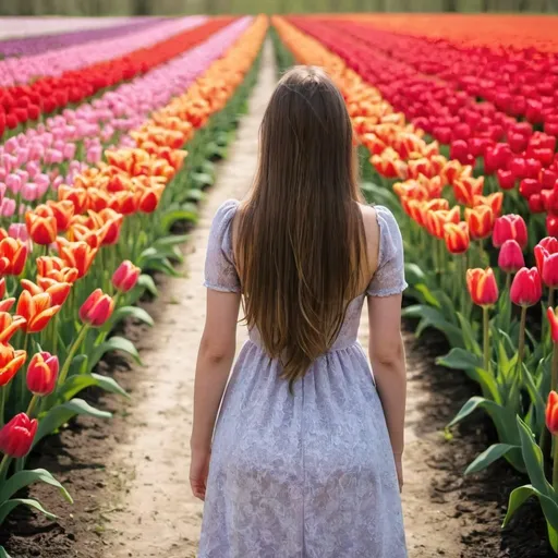 Prompt: a girl with long hair, dressed in a dress, with her back turned, in a field of tulips
