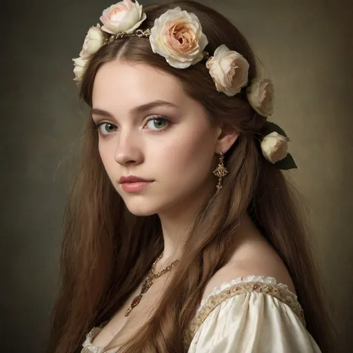 Prompt: Renaissance Romance: Create an image of a girl with long hair adorned in vintage attire, evoking the timeless beauty and romance of the Renaissance era.