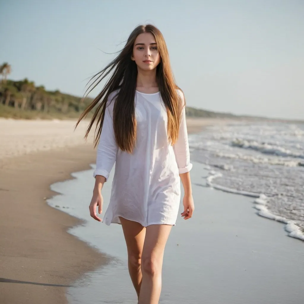 Prompt: girl with long straight hair walking on the beach