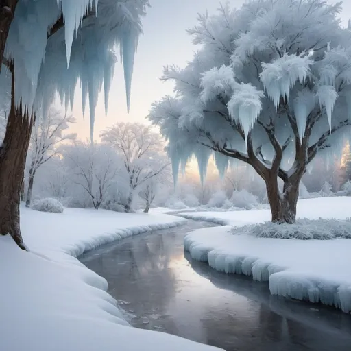 Prompt: Frozen Wonderland: Embrace the beauty of winter with a snowy landscape, featuring frosted trees and icicles.