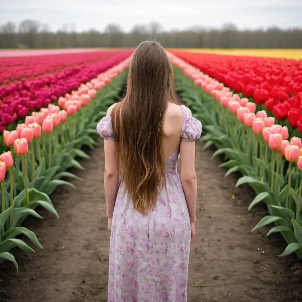 Prompt: a girl with long hair, dressed in a dress, with her back turned, in a field of tulips
