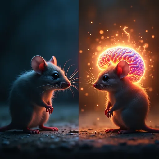 Prompt: Envision a striking split-scene composition, with a sickly mouse on the left, its fur dull and eyes glazed, nestled into a dark, somber environment illuminated by a faint, cold light. The brain beside it appears frail, its coloration muted and fragile, surrounded by an oppressive ambiance that enhances its plight. In stark contrast, on the right, a vibrant mouse stands alert and healthy, its eyes sparkling with life. A brilliant, electrified brain glows with vibrant colors, pulsating energy radiating outward, casting dynamic shadows and playful highlights on its surroundings. The atmosphere around this side is filled with warmth and vitality, exuding an electric feel of hope and resilience. This scene can be rendered in a hyper-realistic style to emphasize the emotional depth and stark contrasts. It is important that the two mice are of same size.
