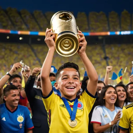 Prompt: "A close-up image of a Colombian kid with a joyful smile and tears streaming down his face, lifting the Copa America 2024 trophy. The scene is set in Miami, USA, with a vibrant stadium background filled with cheering fans. The kid is wearing a Colombian soccer jersey, and the trophy shines brightly under the stadium lights. The atmosphere is filled with confetti and excitement, capturing the victorious moment as Colombia wins the Copa America 2024."