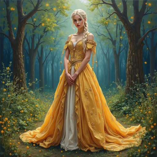 Prompt: A painting in gauche media that is very bright and vivid coloring, I want the painting to look like it is soft, gauche paint, a painted portrait of daenerys targaryen rococo style standing from a further distance in the middle of the painting, you can see her whole body and she has rococo style clothing, extravagant and luxurious dress that is inspired of rich rococo style, she has a soft facial expression but serious, she is looking directly forward at the viewer, the painting gives a empowering feeling and warmth, add a thick forest of trees and green shrubbery in the background, trees in the background are tall and vivid, this painting is beautifully colored and has a natural scene 