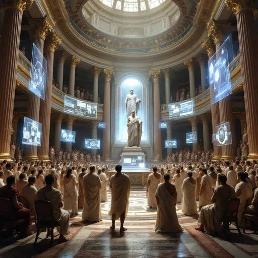Prompt: A majestic Roman Senate chamber filled with senators in togas, engaged in animated discussions. Ancient Roman architecture with grand columns, statues, and a towering marble statue of a Roman emperor in the background. The chamber has an air of historical importance, and there are futuristic holographic displays showing new technologies, like early steam engines and printing presses, melding the ancient and the modern