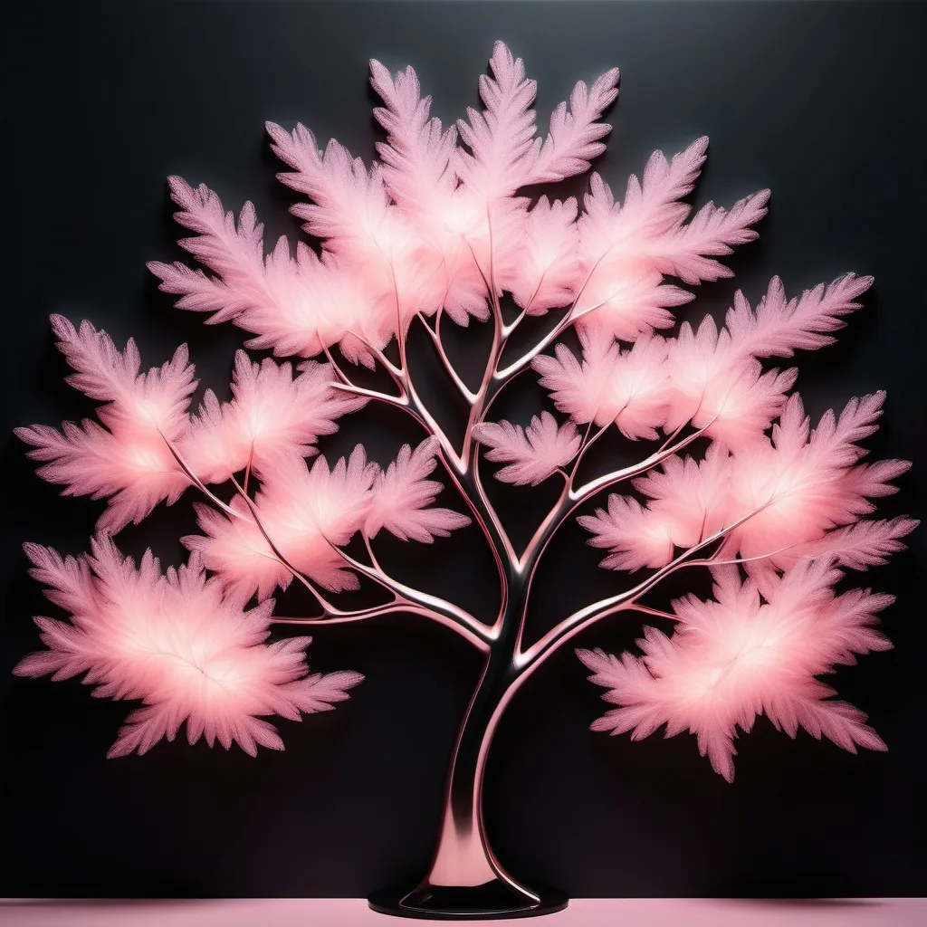 Prompt: pink tree shaped light, painting on black backdrop, minimalistic elegance, clean lines, sophisticated design, high contrast, ethereal glow, artistic expression, harmonious balance, soft pink hues, ultra-detailed, modern aesthetic, ambient lighting, captivating visual, striking simplicity