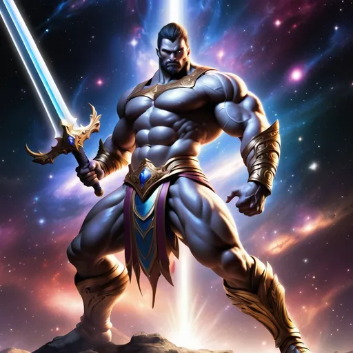 Prompt: with the galaxy as a background a well muscled human warrior brandishes his mighty sword