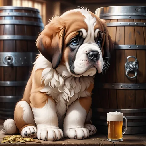 Prompt: cute st Bernard puppy looking wistfully at a keg of beer