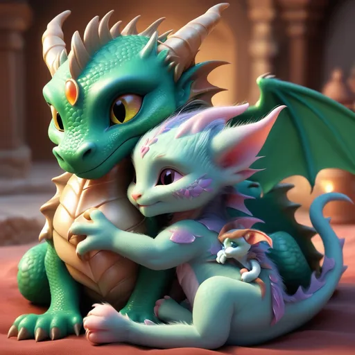 Prompt: baby dragon cuddling with baby kitten