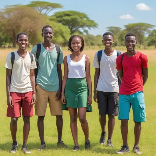 Prompt: (group of students on a field), (all smiling, looking happy), worried student standing apart, (vivid colors), (cheerful atmosphere), clear blue sky background, sunlight casting soft shadows, lush green grass surrounding the group, facial expressions vividly contrasting, (highly detailed), (natural lighting), (4K resolution), capturing the essence of camaraderie and isolation.All Africans from Kenya, scattered on the field