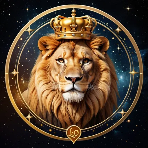 Prompt: Astrological symbol for leo, lion with crown, constellation, tarot symbols, royalty, golden hues, majestic mane, the word leo.cosmic background, detailed fur, high quality, regal, astrology, tarot, constellation, majestic, golden tones, cosmic lighting