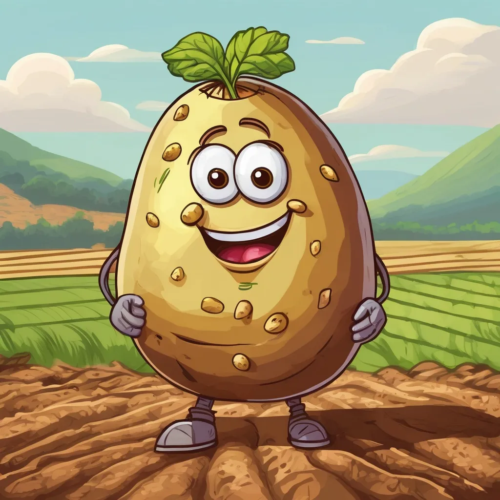 Prompt: potato on expansive farm who has mouth, arms, eyes, nose, and ears