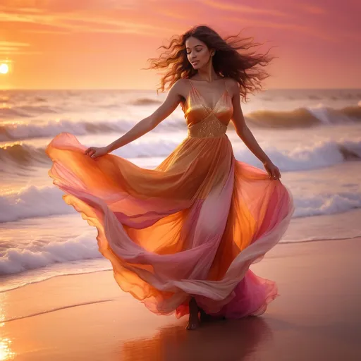 Prompt: (beautiful woman dancing), beach at sunset, (dramatic scene), warm golden hues reflecting on the water, soft waves gently lapping at the shore, flowing dress, hair blowing in the wind, vibrant sky painted with shades of orange and pink, ethereal atmosphere, (highly detailed), capturing the essence of freedom and joy, (4K resolution), serene and blissful ambiance.