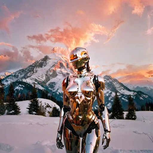 Prompt: (woman robot), standing elegantly, gazing at a breathtaking sunrise over a snowy mountain peak, (dramatic lighting) casting warm hues of orange and pink across the sky, glistening snow reflecting light, panoramic view, tranquil yet awe-inspiring atmosphere, (ultra-detailed), capturing intricate robotic features, surrounded by vast wilderness, evoking feelings of wonder and solitude,  (high contrast)