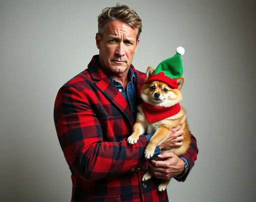 Prompt: A high-resolution photograph of Jay, dressed in all holiday plaid garments, standing confidently while gently holding a fluffy Pomeranian wearing a festive holiday elf hat.  The background is a minimalist studio setting with soft lighting that casts subtle shadows, highlighting the contrast between Jay’s edgy outfit and the adorable, holiday-themed dog. The image captures the juxtaposition of toughness and tenderness, with attention to detail in the textures of the plaid, the Pomeranian’s fur, and the elf hat. Ultra-realistic, 8K resolution