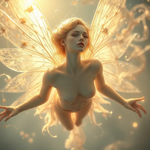 Prompt:  Ethereal fairy with luminous ivory skin and delicate features, suspended in mid-air amidst a whirlwind of transparent wings adorned with intricate, swirling patterns of flowers, shimmering with a soft, pastel luminescence, as golden sun rays dance across her skin, casting an mesmerizing play of shadows, with delicate, feathery strands of mist curling around her, set against a radiant, gradient-hued background, evoking the dreamy, hyper-realistic style of Simon Stalenhag, the mystical, atmospheric lighting of Zdzisław Beksiński, and the meticulous, detailed textures of Ash Thorp, with an emphasis on maximalist, cinematic composition, and an overall atmosphere of enchanting, weightless wonder, inviting the viewer to step into a realm of breathtaking, otherworldly beauty.