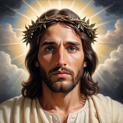 Prompt: Jesus Christ with thorn wreath, heavenly clouds, earth below, religious, traditional oil painting, divine atmosphere, detailed facial features, high quality, oil painting, traditional, divine lighting, serene earth view, heavenly, religious art, detailed eyes, divine presence, majestic, atmospheric lighting