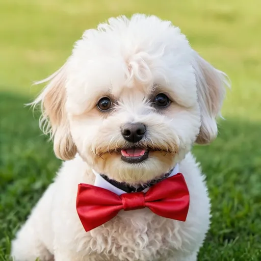 Prompt: create a picture of white malitpoo with a bow tie on neck with grassy background, long hair malti poo and red bow tie
