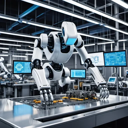 Prompt: A cutting-edge robot assembling components on a high-tech manufacturing floor. The robot's mechanical arms are precise, picking up parts and placing them on an assembly line. In the background, large digital screens display blueprints, production schedules, and real-time data analytics. The factory is filled with automated machinery, sensors, and glowing lines of code, illustrating the future of manufacturing powered by robotics