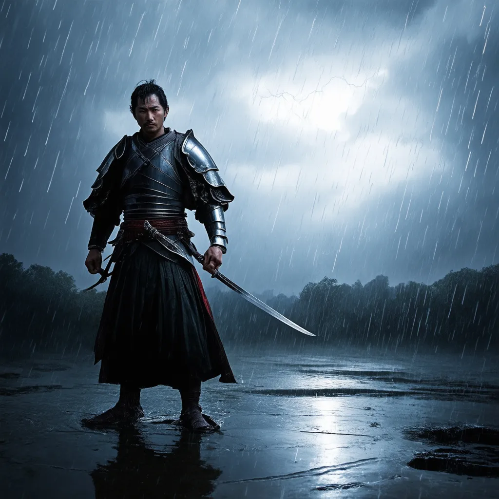 Prompt: a samurai standing alone in the rain 