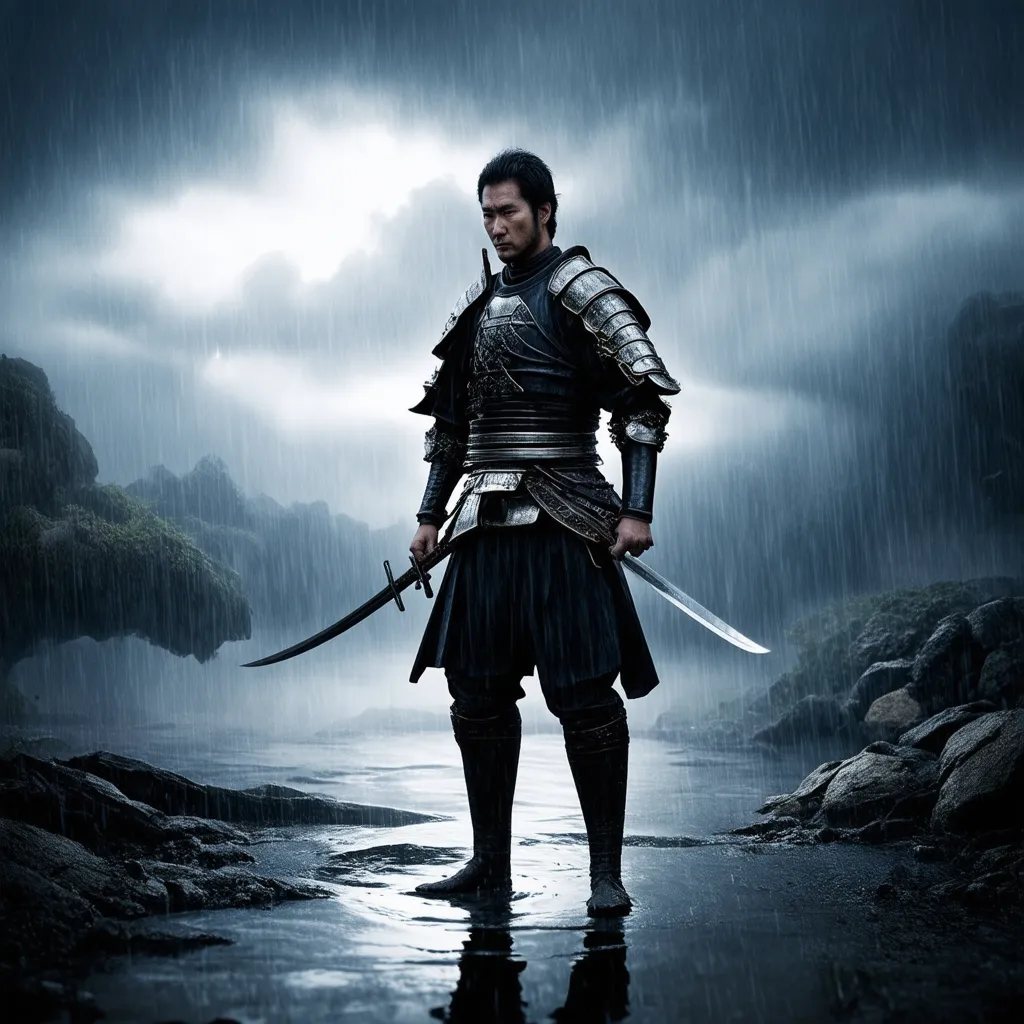 Prompt: a samurai standing alone in the rain 