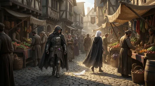 Prompt: @QiudnT8dquYxkaGEtFWD and @UL2nM8fZ5joxC3LH3Wkd who is keeping her wings hidden with a dark colored cloak,  pass each other walking opposite directions on a busy street. then he notices a feather on the ground where she just walked.World setting is medieval fantasy style photorealistic