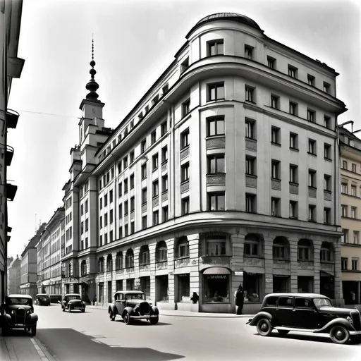 Prompt: Warsaw, Art Nouveau and Art Deco in 1930s (wide view) 