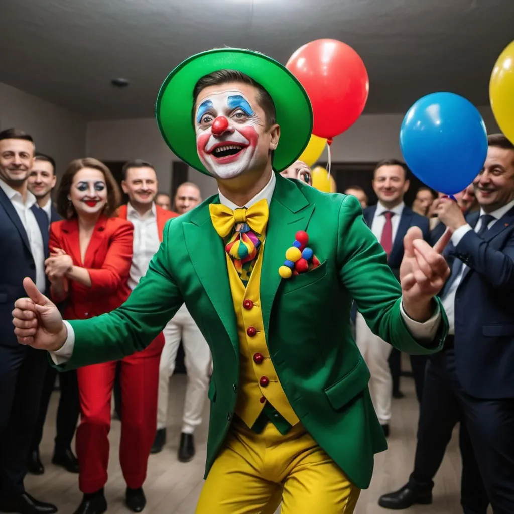 Prompt: zelensky as a clown joker dancing