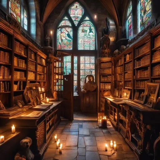 Prompt: magical medieval museum library  with light shining through stained glass arched windows  windows and cluttered desks with highland terrier ivy and candles

