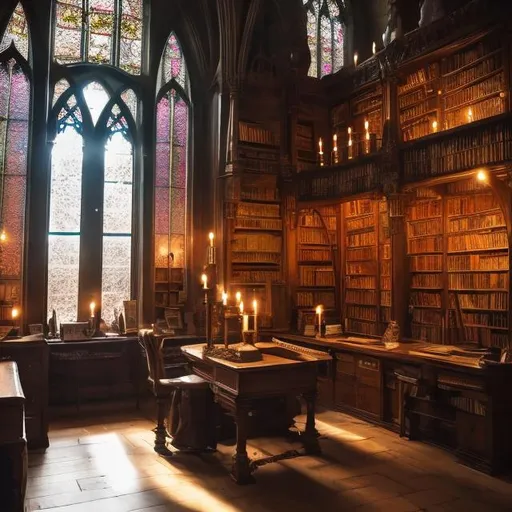 Prompt: magical medieval museum library  with light shining through stained glass arched  windows and cluttered desks in the middle of the room covered in thick bound leather books and scattered with papers highland terrier ivy climbing up the walls and candles

