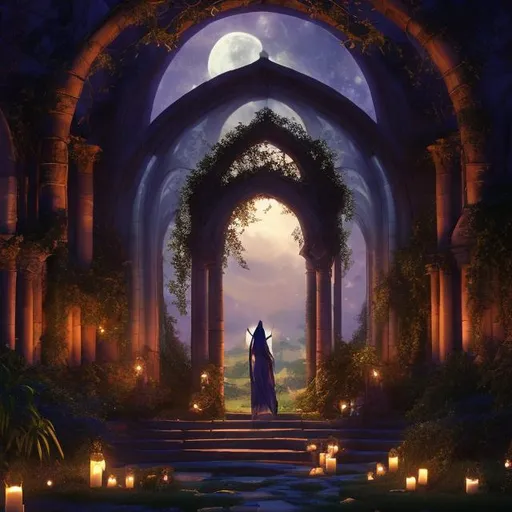 Prompt: library, epic fantasy world, vines, arched windows with moonlight streaming in, ephemeral, ethereal, unreal engine, mystical lighting, fairy lighting, garden, stone arch, nighttime, starry,candles, elaborate stained glass windows with night theme, flying fairies, high octain, dramatic