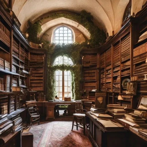 Prompt: medieval museum library magical with arched windows and cluttered desk with dog, cat and ivy