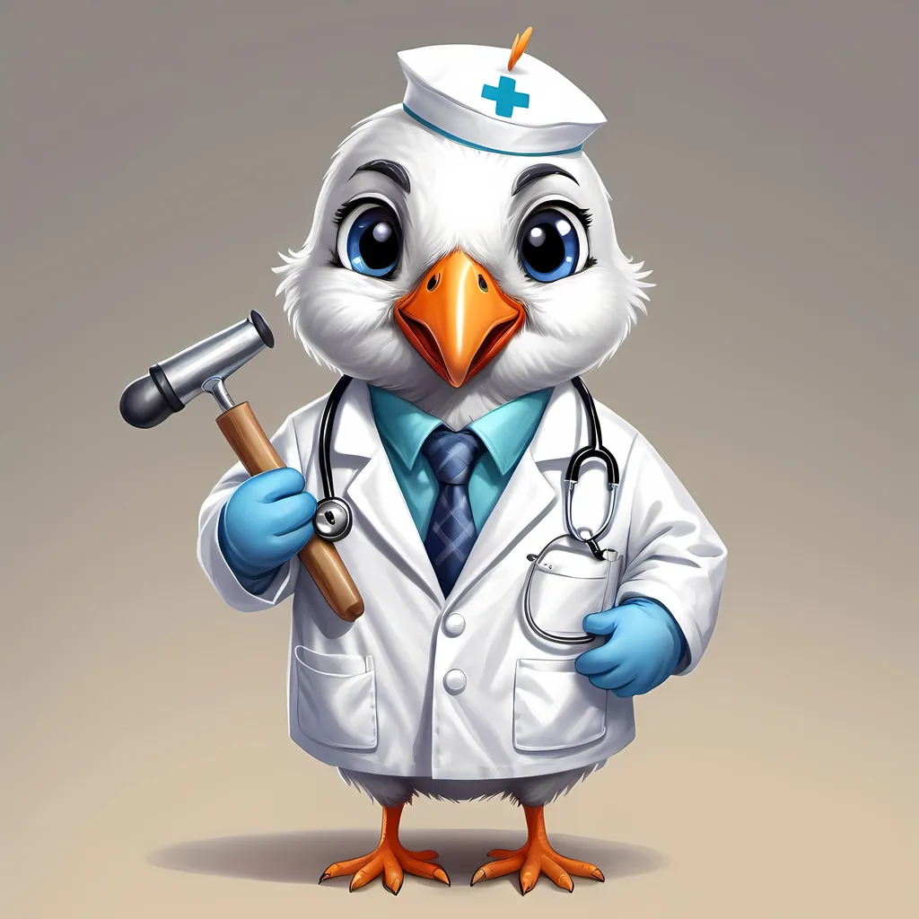 Prompt: Draw A cute bird that is a neurologist, holding reflex hammer
Wear a doctor coat
