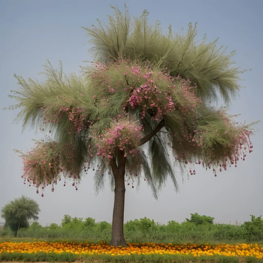 Prompt: A straight tree bearing flowers and fruits