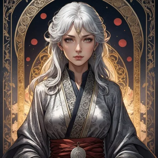 Prompt: tarot card Anime illustration, a silver-haired woman, detailed ornate cloth robe, dramatic lighting